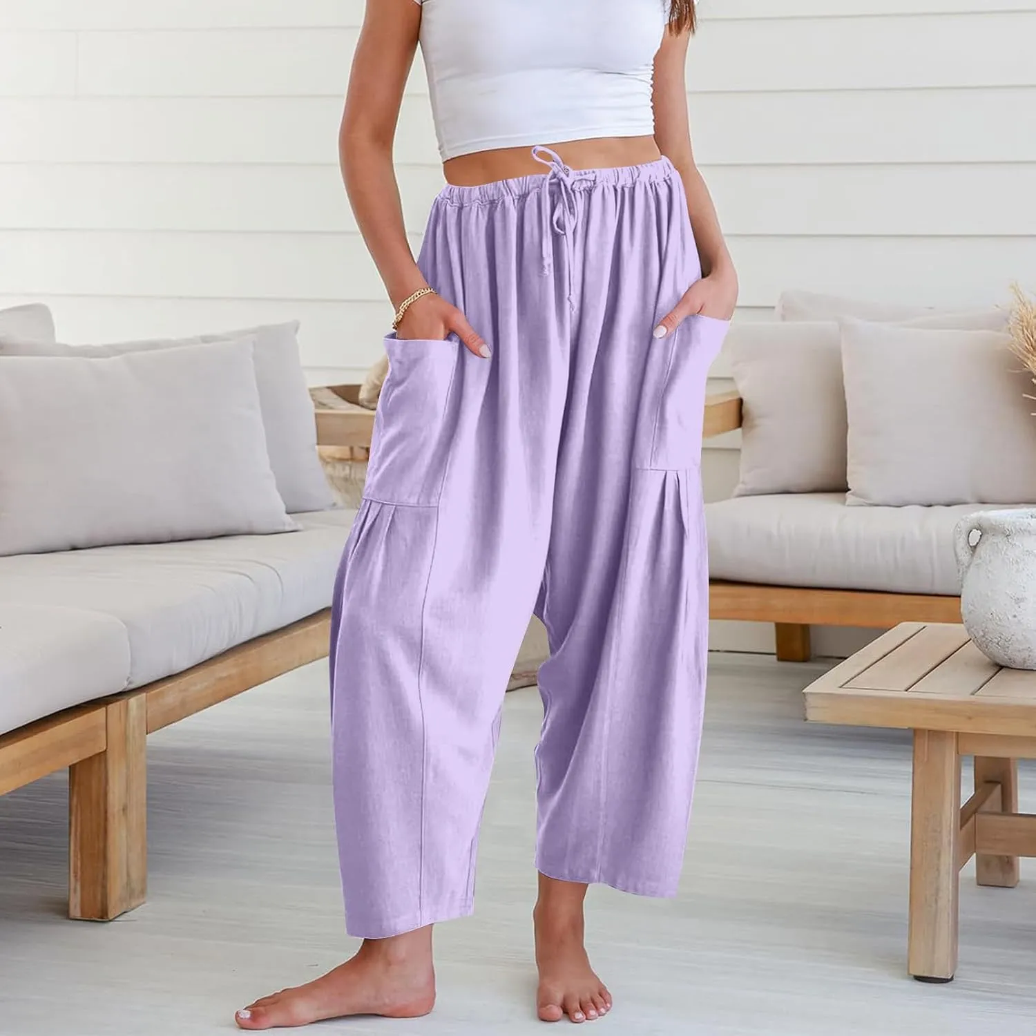 Wide Leg Cropped Pants for Women Casual Summer Baggy Harem Pants Drawstring Elastic Waist Crop Pants with Pockets