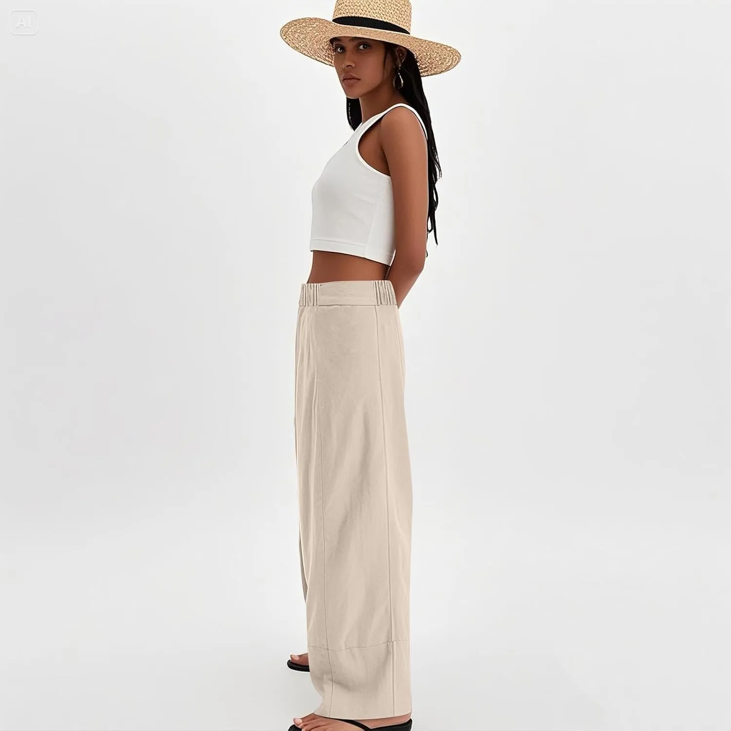 Wide Leg Linen Pants for Women Baggy Lightweight Palazzo Pants with Pockets Summer High Waist Flowy Casual Trousers
