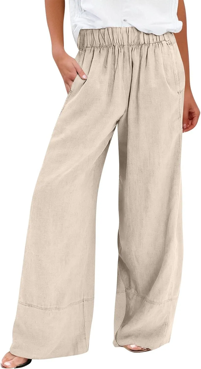Wide Leg Linen Pants for Women Baggy Lightweight Palazzo Pants with Pockets Summer High Waist Flowy Casual Trousers