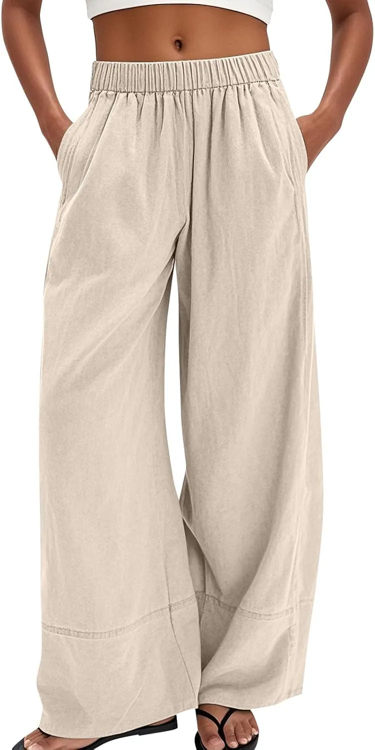 Wide Leg Linen Pants for Women Baggy Lightweight Palazzo Pants with Pockets Summer High Waist Flowy Casual Trousers