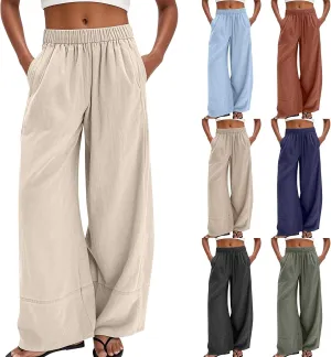 Wide Leg Linen Pants for Women Baggy Lightweight Palazzo Pants with Pockets Summer High Waist Flowy Casual Trousers