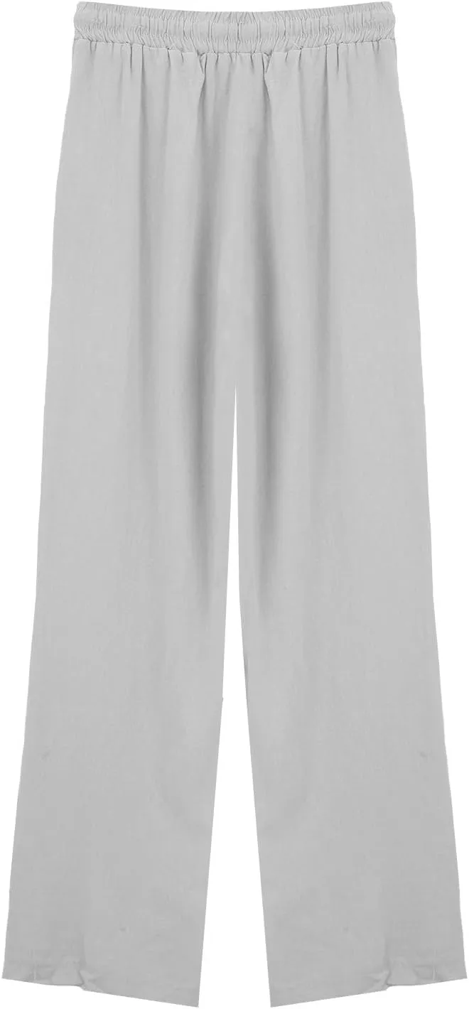 Wide Leg Linen Pants for Women Casual High Waisted Palazzo Crop Pants Lightweight Summer Flowy Trousers with Pockets