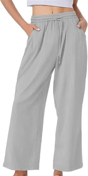 Wide Leg Linen Pants for Women Casual High Waisted Palazzo Crop Pants Lightweight Summer Flowy Trousers with Pockets