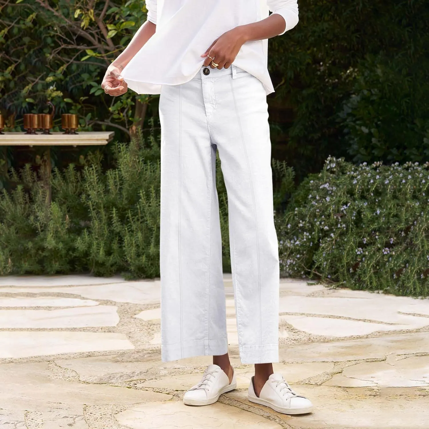 Wide Leg Linen Pants for Women Comfy Elastic Waist Dress Pants Summer Business Casual Palazzo Pants with Pockets