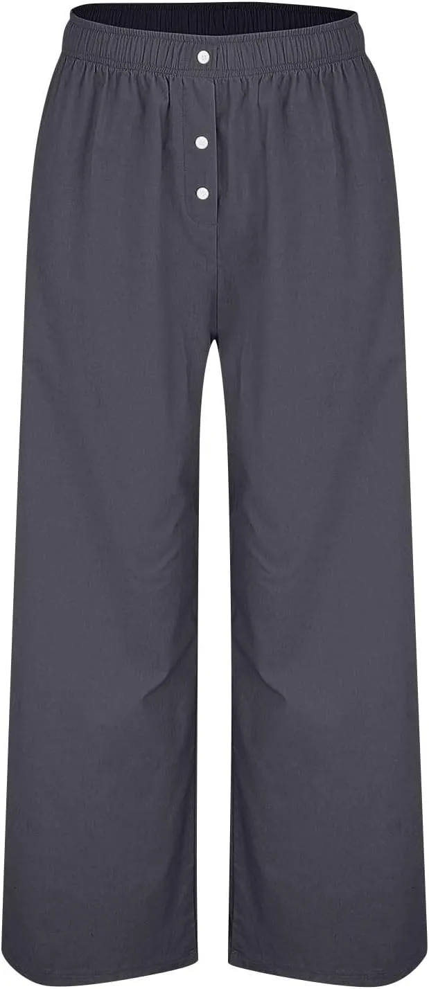 Wide Leg Linen Pants for Women Dressy Casual Summer Elastic Waist Pleated Button Work Pants Beach Trousers w/Pockets