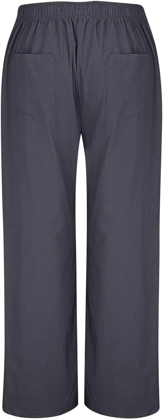 Wide Leg Linen Pants for Women Dressy Casual Summer Elastic Waist Pleated Button Work Pants Beach Trousers w/Pockets