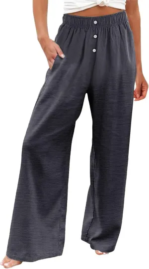 Wide Leg Linen Pants for Women Dressy Casual Summer Elastic Waist Pleated Button Work Pants Beach Trousers w/Pockets