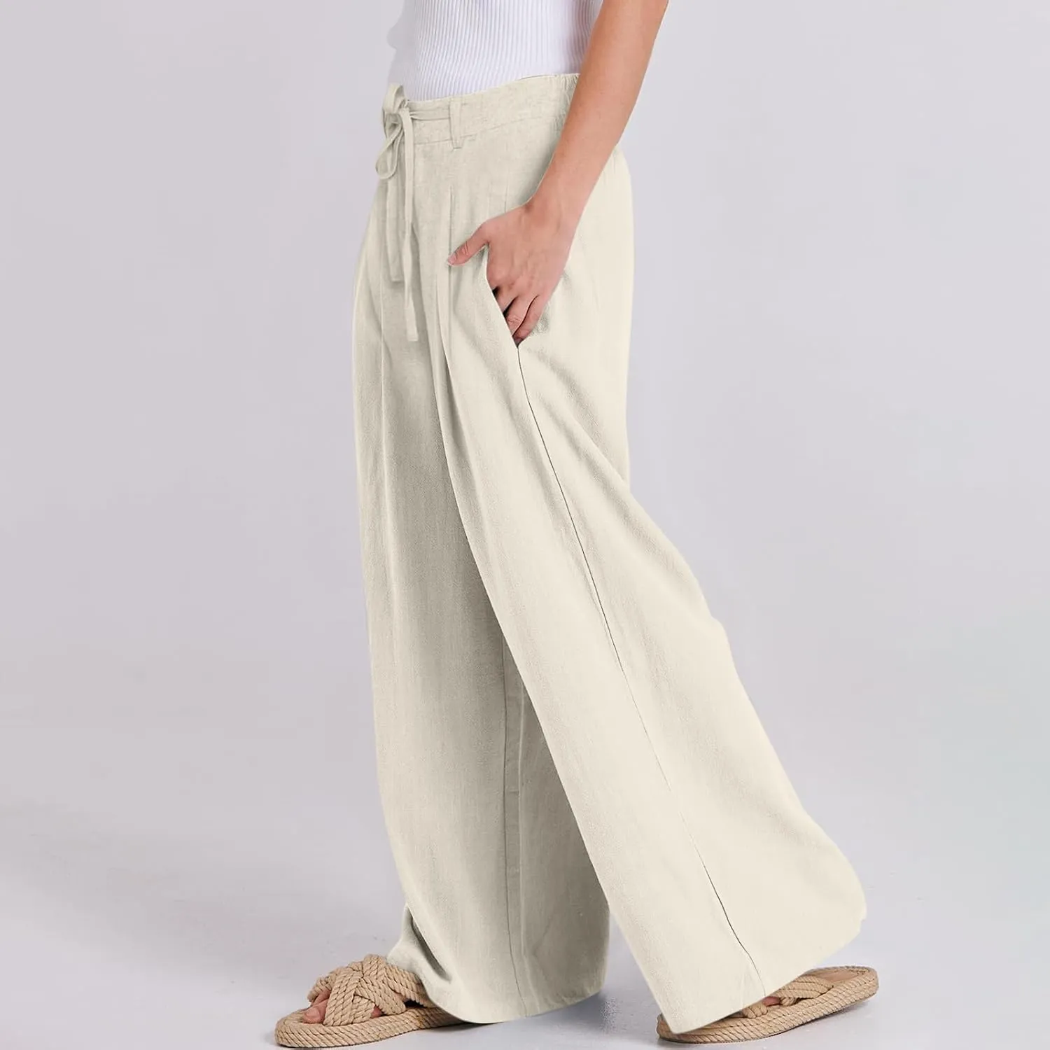 Wide Leg Linen Pants for Women Pleated Drawstring High Waisted Palazzo Pants Comfy Lounge Work Trousers with Pockets