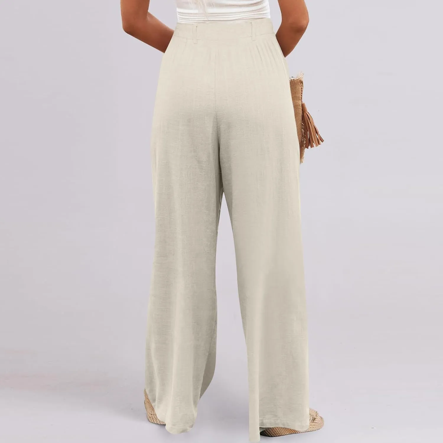Wide Leg Linen Pants for Women Pleated Drawstring High Waisted Palazzo Pants Comfy Lounge Work Trousers with Pockets