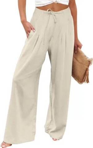 Wide Leg Linen Pants for Women Pleated Drawstring High Waisted Palazzo Pants Comfy Lounge Work Trousers with Pockets