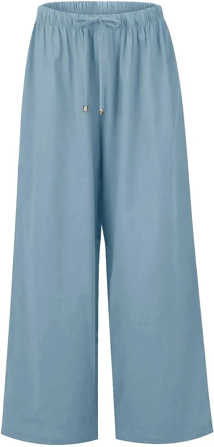 Wide Leg Linen Pants for Women Summer Flowy High Waisted Linen Pants Linen Beach Pants Palazzo Trousers with Pockets