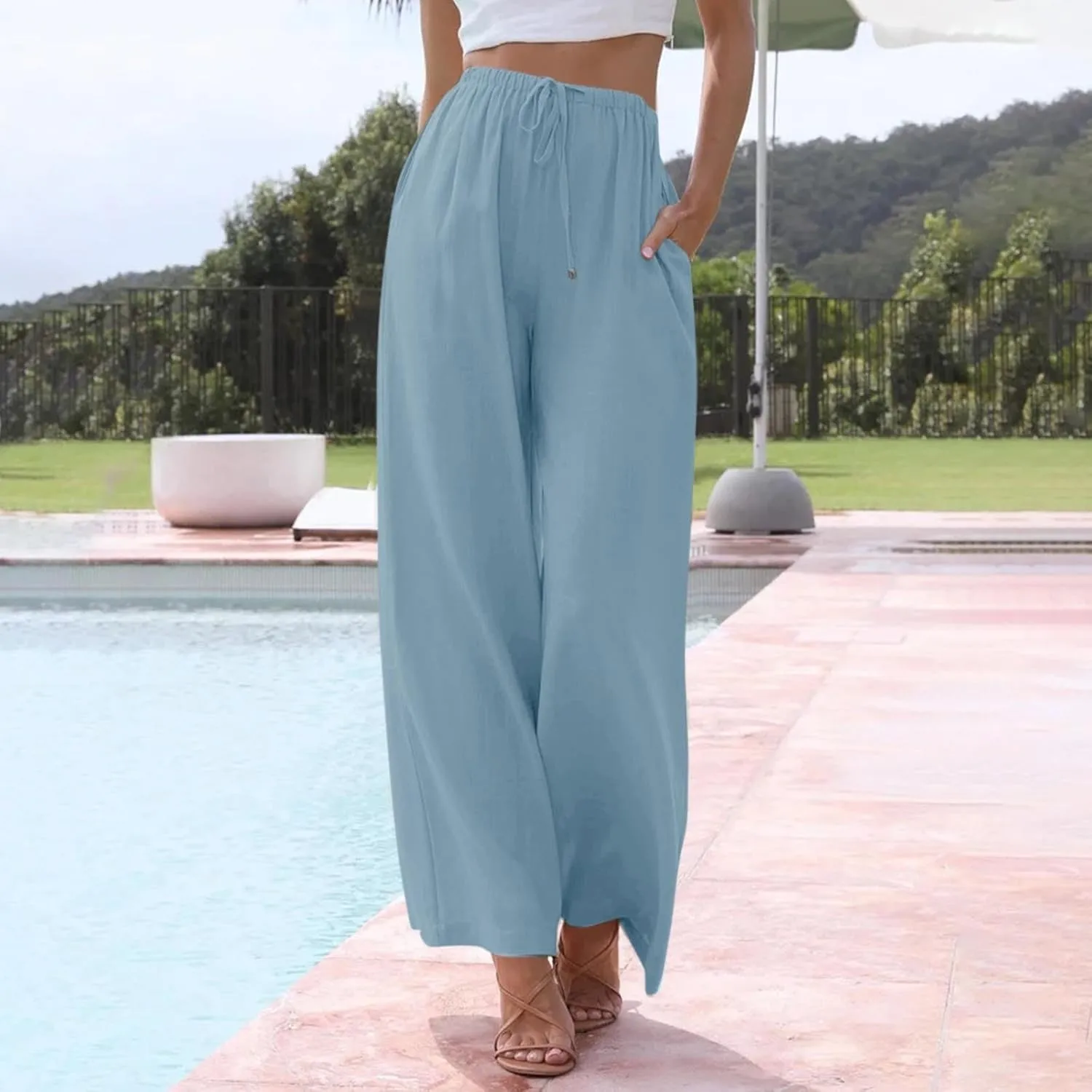 Wide Leg Linen Pants for Women Summer Flowy High Waisted Linen Pants Linen Beach Pants Palazzo Trousers with Pockets