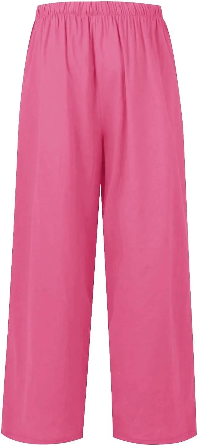 Wide Leg Linen Pants for Women Summer Flowy High Waisted Linen Pants Linen Beach Pants Palazzo Trousers with Pockets