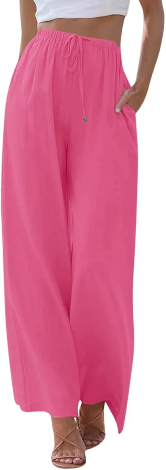 Wide Leg Linen Pants for Women Summer Flowy High Waisted Linen Pants Linen Beach Pants Palazzo Trousers with Pockets