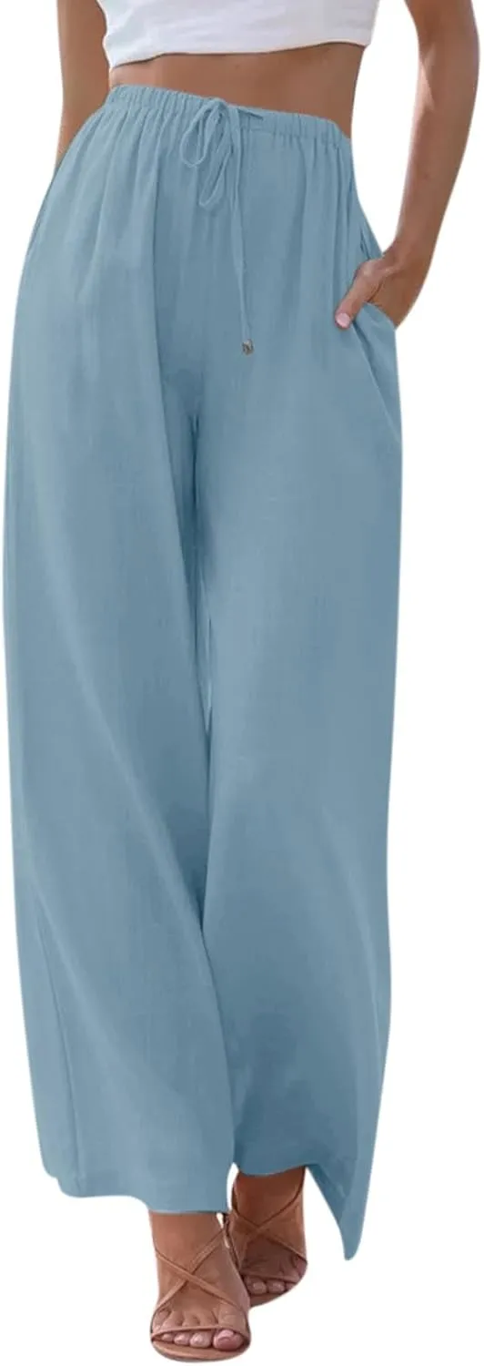 Wide Leg Linen Pants for Women Summer Flowy High Waisted Linen Pants Linen Beach Pants Palazzo Trousers with Pockets