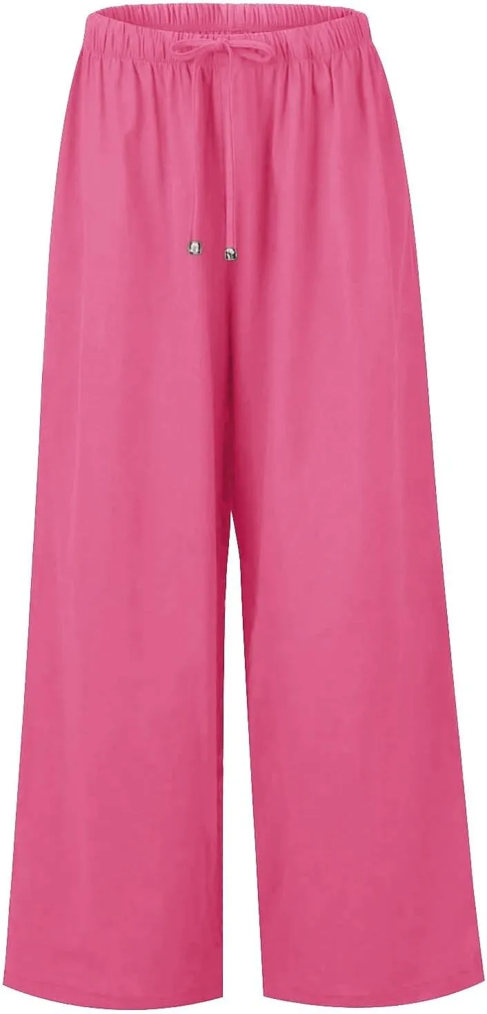 Wide Leg Linen Pants for Women Summer Flowy High Waisted Linen Pants Linen Beach Pants Palazzo Trousers with Pockets