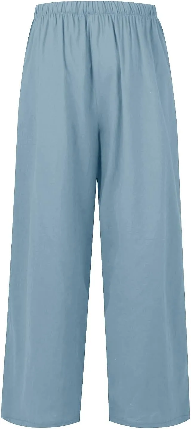Wide Leg Linen Pants for Women Summer Flowy High Waisted Linen Pants Linen Beach Pants Palazzo Trousers with Pockets