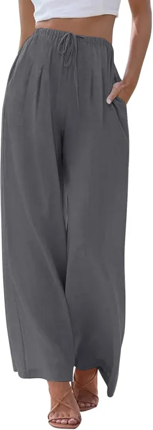 Wide Leg Linen Pants for Women Summer Flowy High Waisted Palazzo Pants Baggy Comfy Casual Beach Pant with Pockets