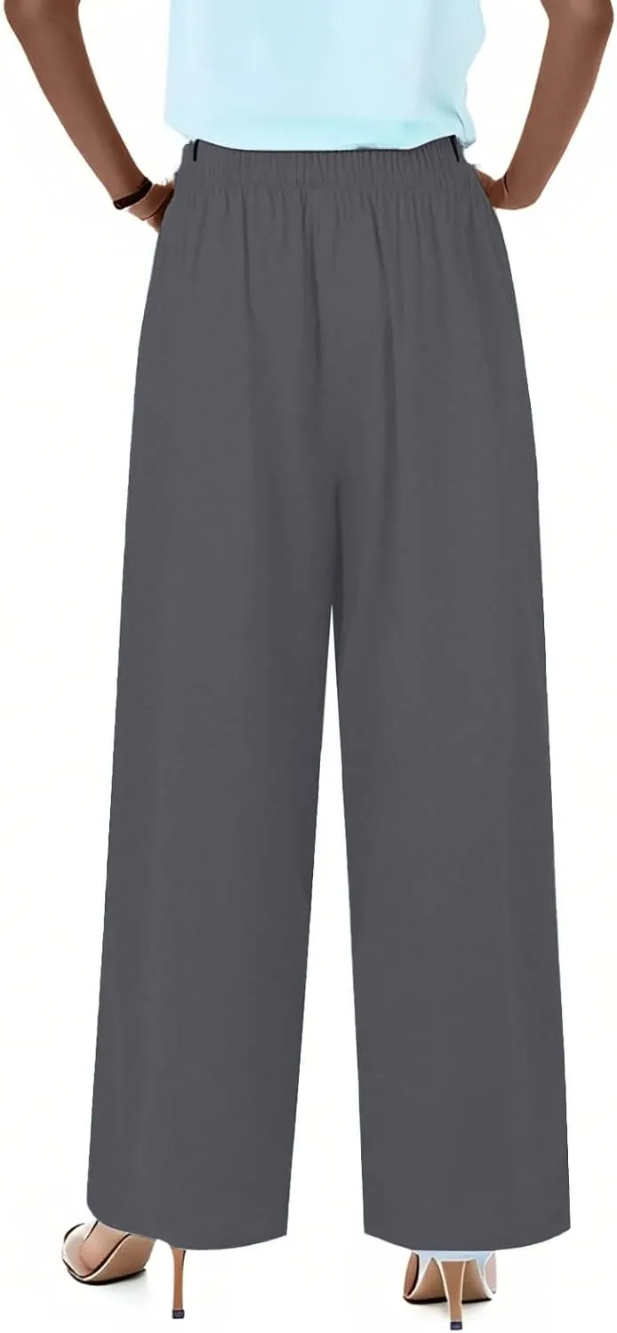 Wide Leg Linen Pants for Women Summer Flowy High Waisted Palazzo Pants Baggy Comfy Casual Beach Pant with Pockets