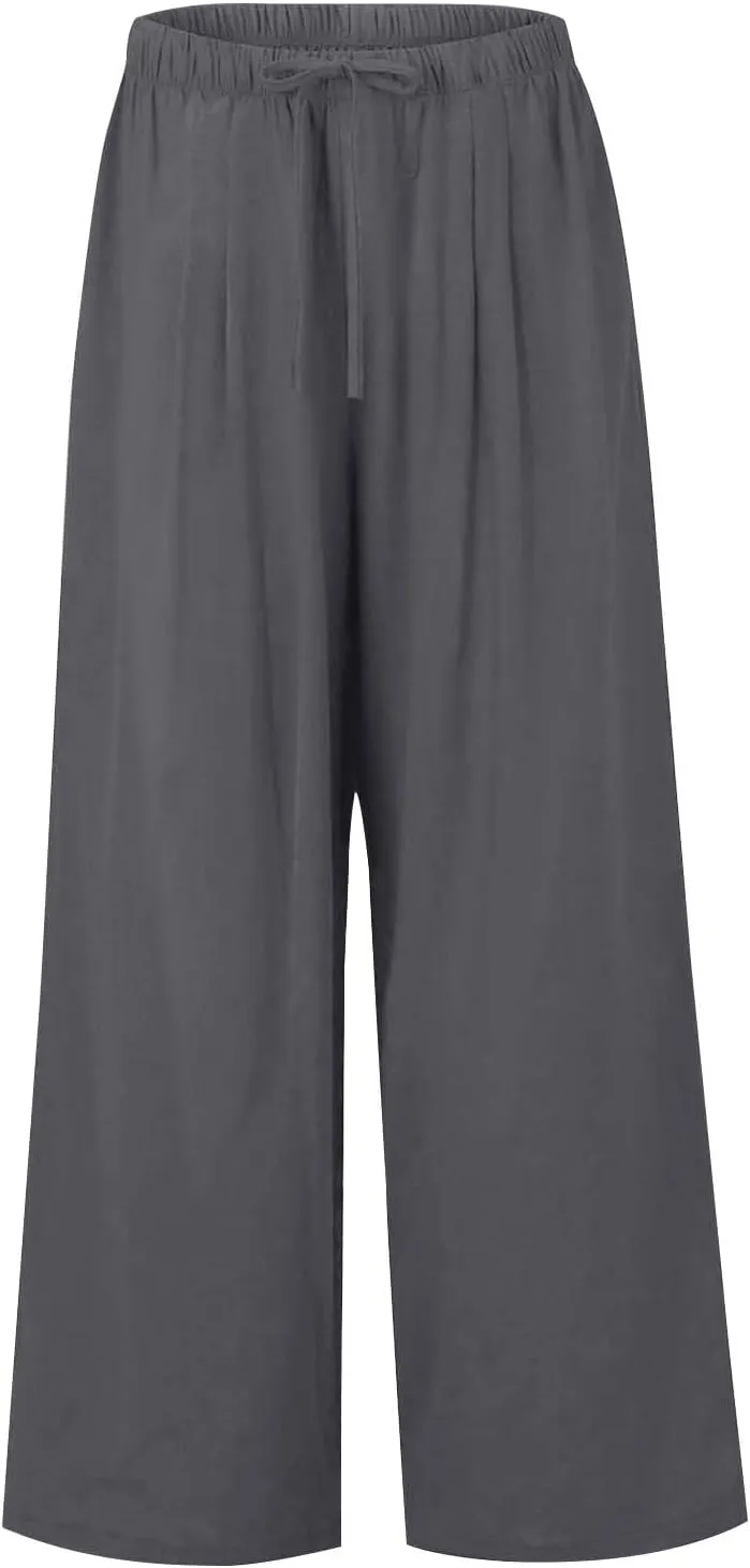 Wide Leg Linen Pants for Women Summer Flowy High Waisted Palazzo Pants Baggy Comfy Casual Beach Pant with Pockets