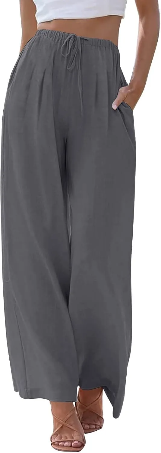 Wide Leg Linen Pants for Women Summer Flowy High Waisted Palazzo Pants Baggy Comfy Casual Beach Pant with Pockets