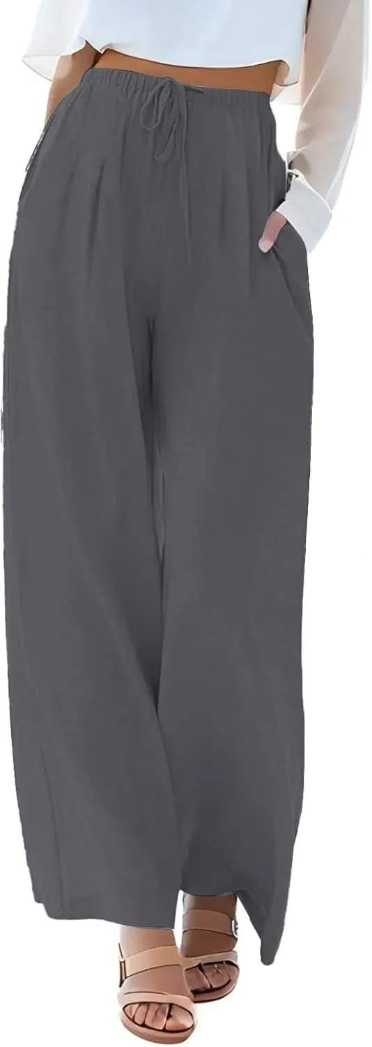 Wide Leg Linen Pants for Women Summer Flowy High Waisted Palazzo Pants Baggy Comfy Casual Beach Pant with Pockets