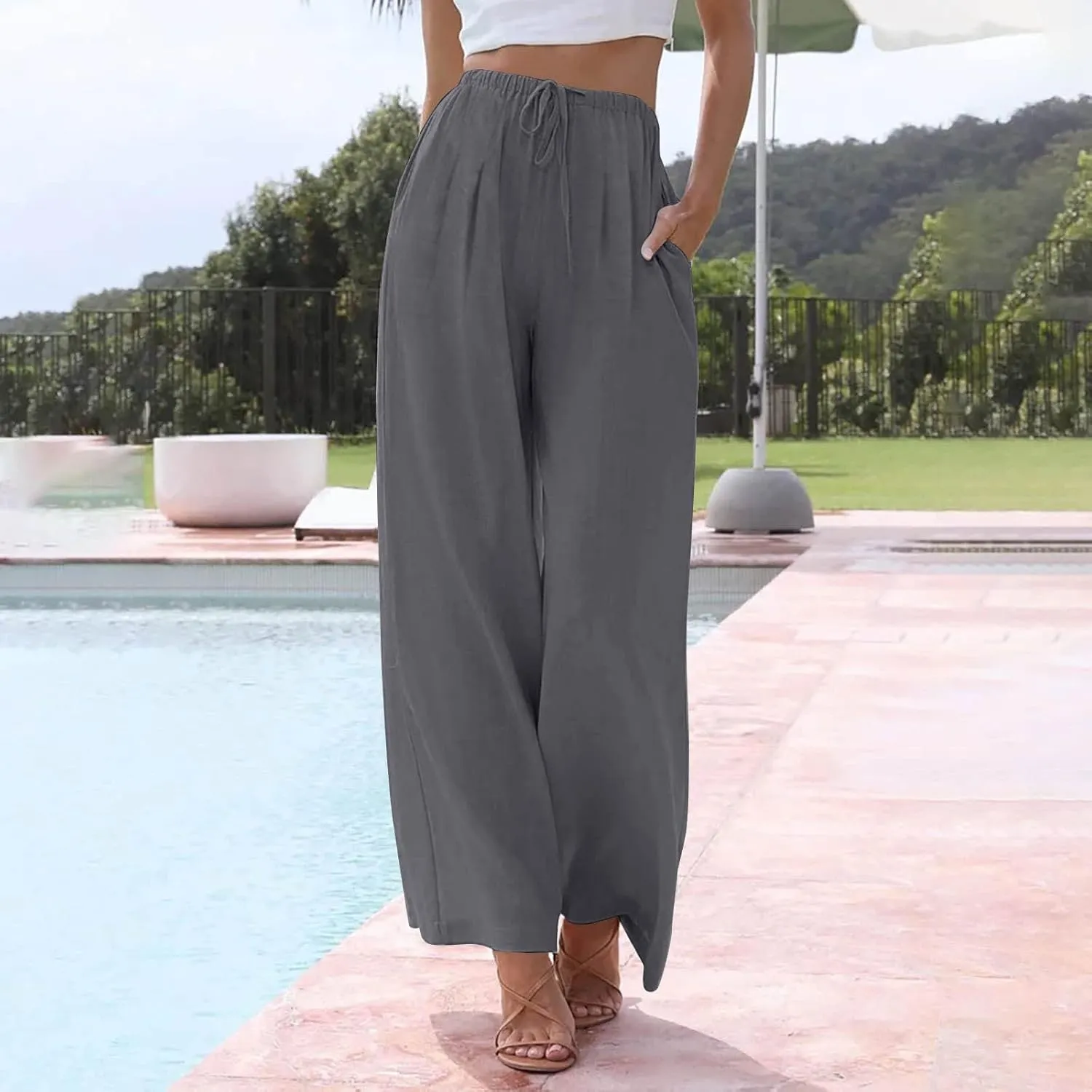 Wide Leg Linen Pants for Women Summer Flowy High Waisted Palazzo Pants Baggy Comfy Casual Beach Pant with Pockets