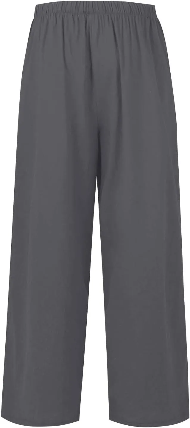 Wide Leg Linen Pants for Women Summer Flowy High Waisted Palazzo Pants Baggy Comfy Casual Beach Pant with Pockets