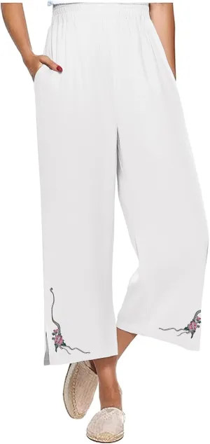 Wide Leg Linen Pants for Women Vintage Floral Embroidered Cropped Trousers High Elastic Waist Summer Beach Pants