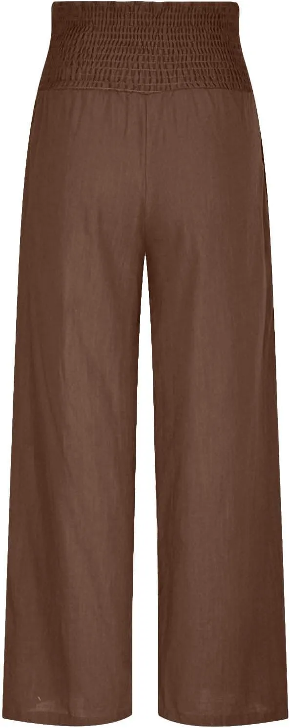 Wide Leg Pants for Women Summer Trendy Cotton Linen Palazzo Pants Smocked High Waisted Boho Trousers with Pockets