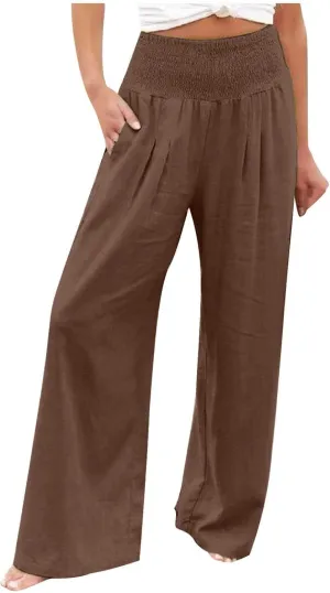 Wide Leg Pants for Women Summer Trendy Cotton Linen Palazzo Pants Smocked High Waisted Boho Trousers with Pockets