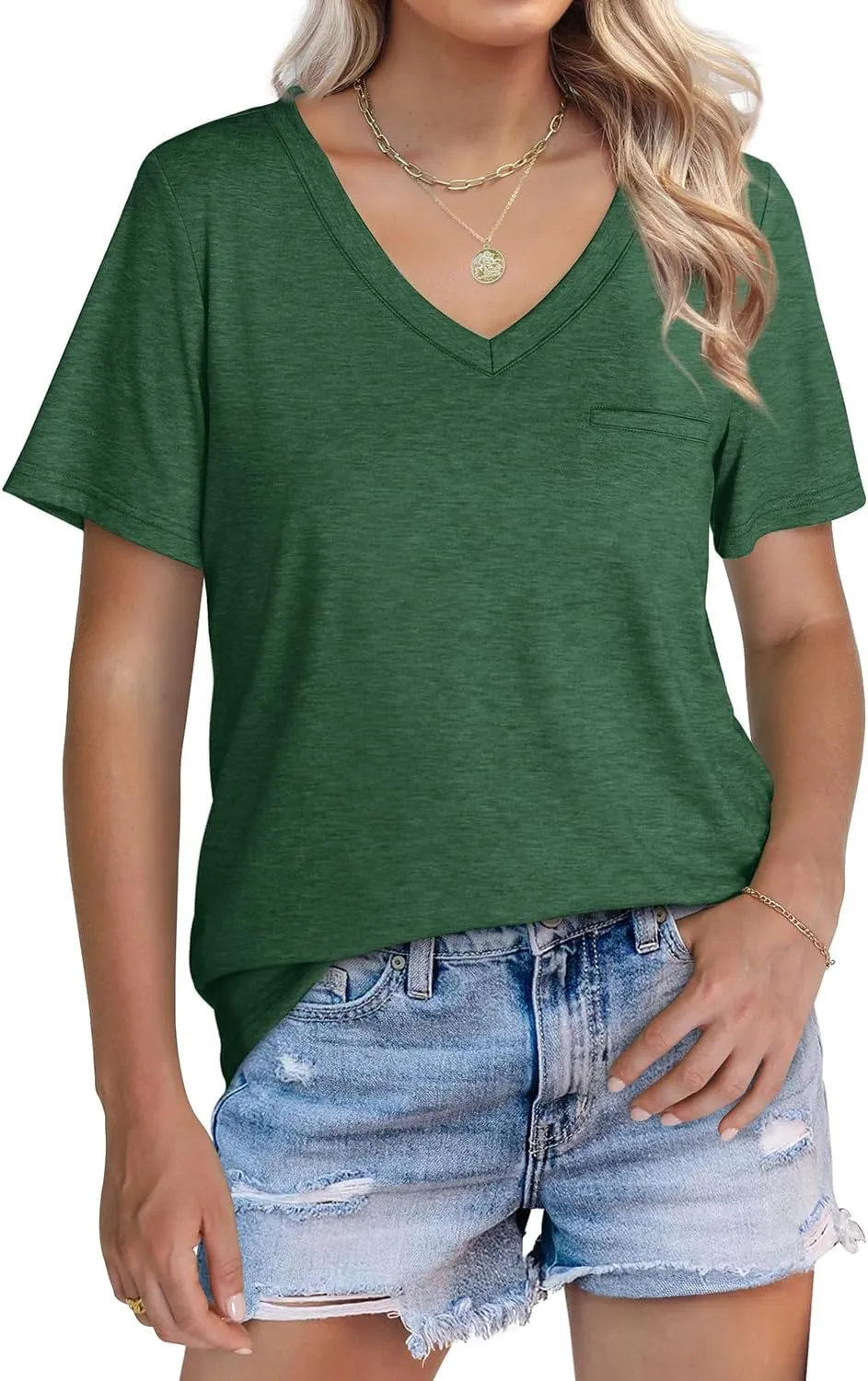 WIHOLL Womens Tops Short Sleeve V Neck Tshirts with Mock Up Pocket Fahion Summer Clothes Loose Fit