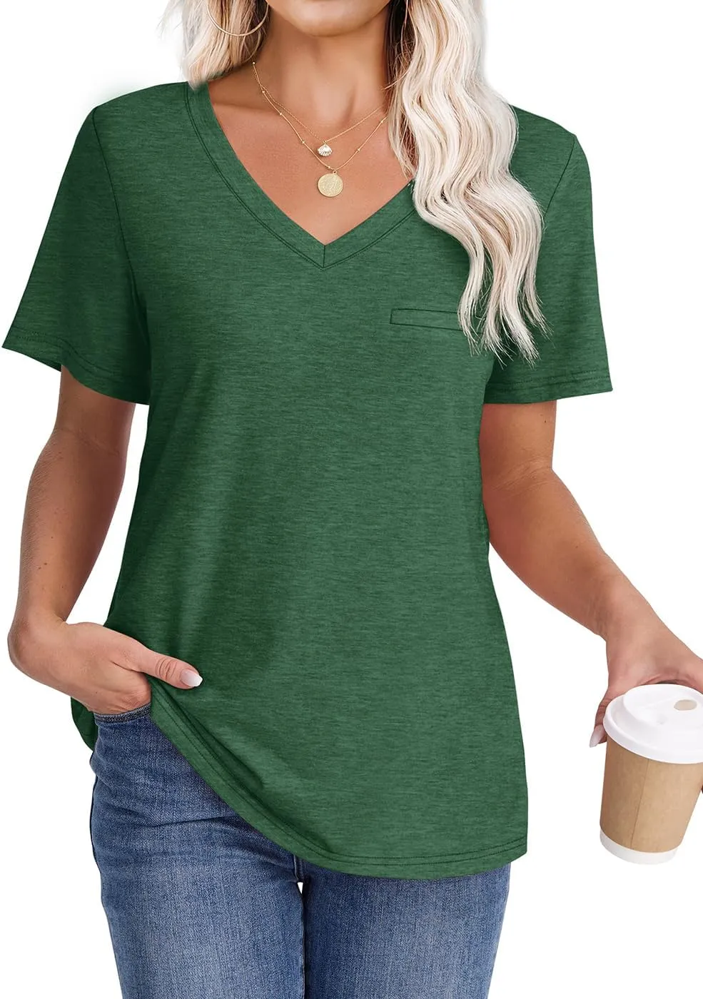 WIHOLL Womens Tops Short Sleeve V Neck Tshirts with Mock Up Pocket Fahion Summer Clothes Loose Fit