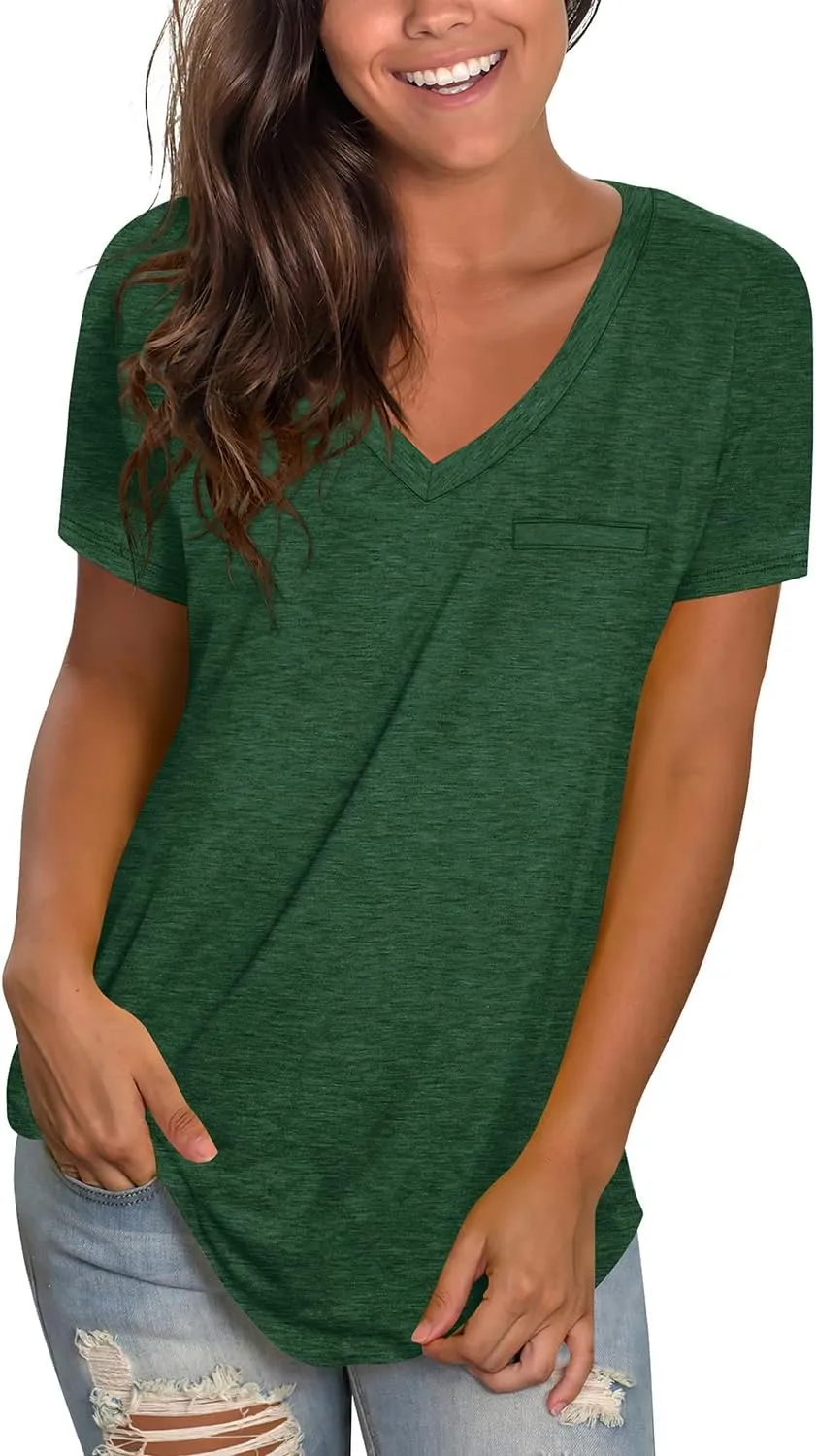 WIHOLL Womens Tops Short Sleeve V Neck Tshirts with Mock Up Pocket Fahion Summer Clothes Loose Fit