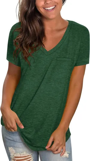 WIHOLL Womens Tops Short Sleeve V Neck Tshirts with Mock Up Pocket Fahion Summer Clothes Loose Fit