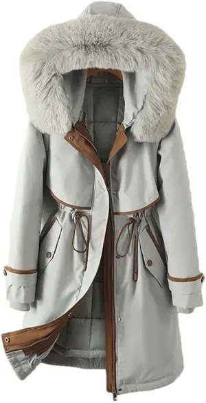 Woman Parker Cotton-Padded Jacket Long Liner Detachable Coat Waist Thick Warm Cotton-Padded Jacket Outwear Baby blue M