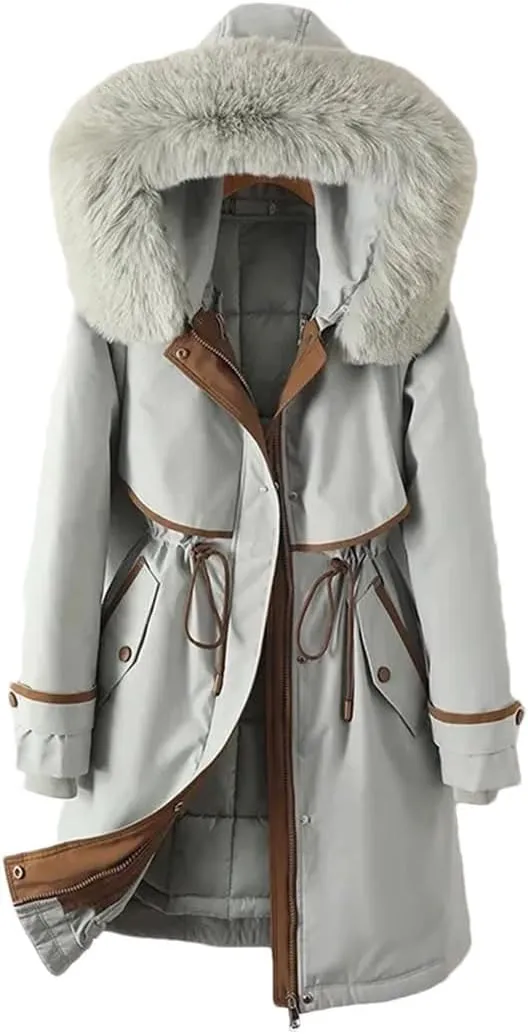 Woman Parker Cotton-Padded Jacket Long Liner Detachable Coat Waist Thick Warm Cotton-Padded Jacket Outwear Baby blue M