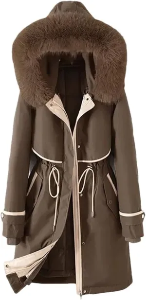 Woman Parker Cotton-Padded Jacket Long Liner Detachable Coat Waist Thick Warm Cotton-Padded Jacket Outwear Brown L