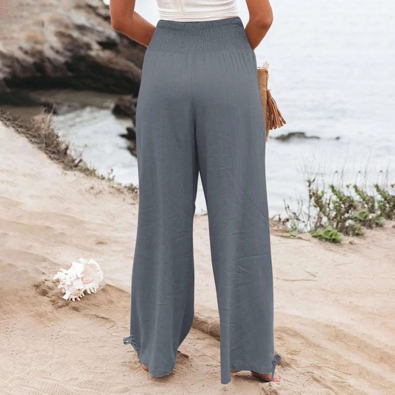 Women Boho Pants Summer Wide Leg Elastic High Waist Smocked Palazzo Pants Loose Cotton Linen Trousers with Pockets