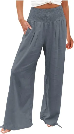 Women Boho Pants Summer Wide Leg Elastic High Waist Smocked Palazzo Pants Loose Cotton Linen Trousers with Pockets