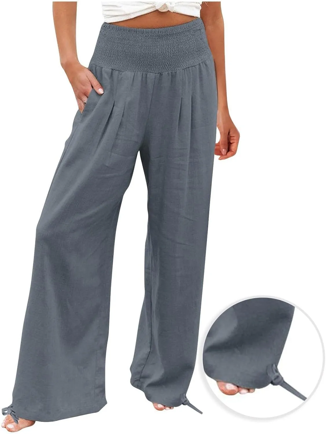 Women Boho Pants Summer Wide Leg Elastic High Waist Smocked Palazzo Pants Loose Cotton Linen Trousers with Pockets