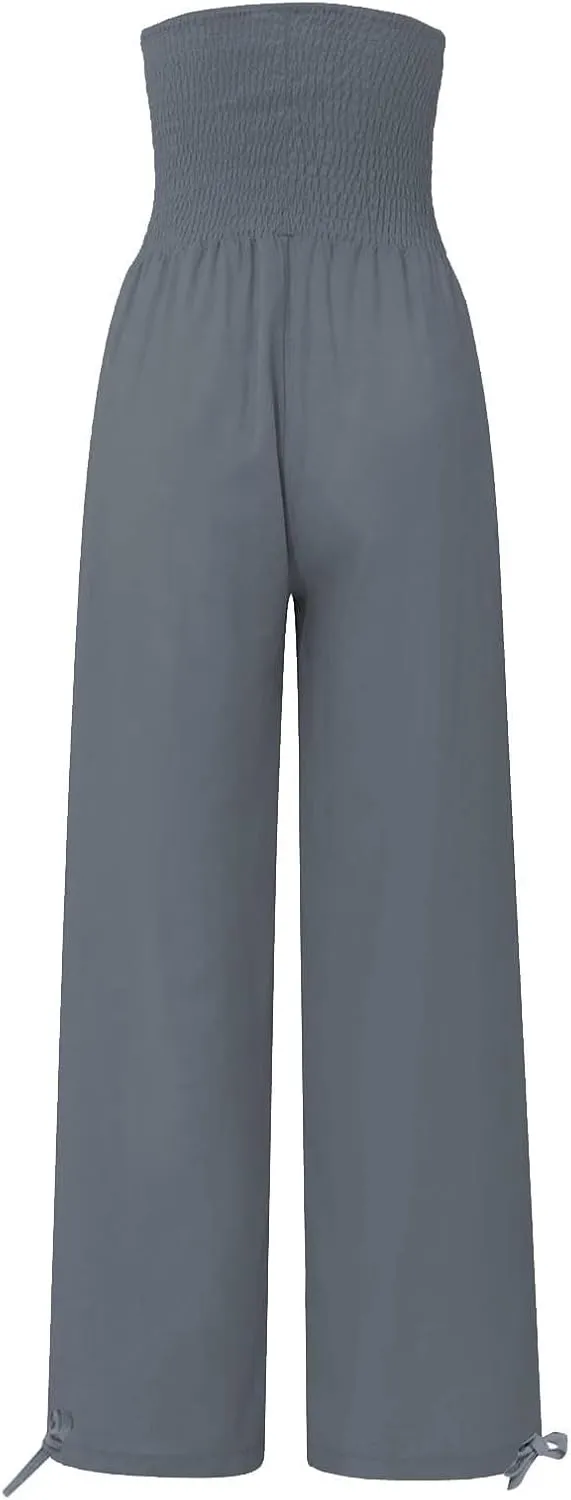 Women Boho Pants Summer Wide Leg Elastic High Waist Smocked Palazzo Pants Loose Cotton Linen Trousers with Pockets