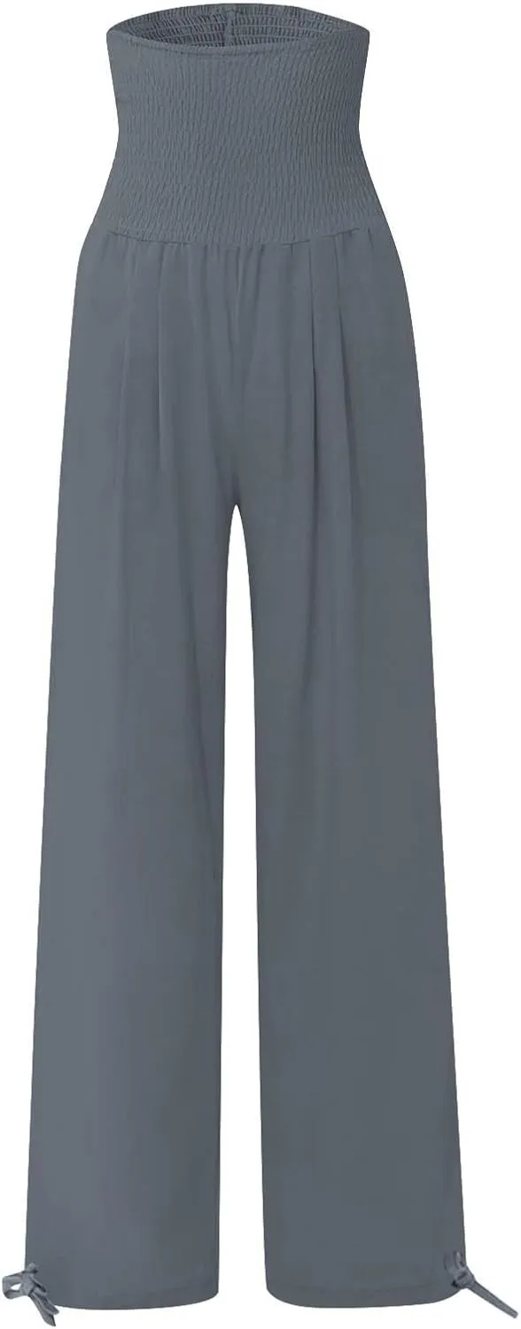 Women Boho Pants Summer Wide Leg Elastic High Waist Smocked Palazzo Pants Loose Cotton Linen Trousers with Pockets