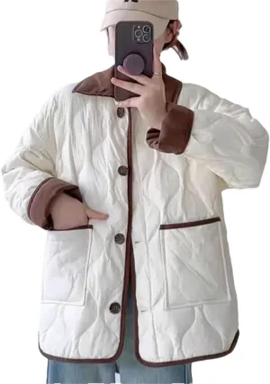 Women Cotton Coat Vintage Pocket Cotton-Padded Jacket Puffer Coat Single-Breasted Lapel Top creamy white S