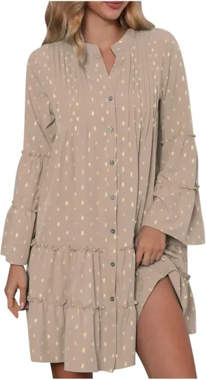 Women Fall Dresses 2024 Casual Button Ruffle Long Sleeve Dress Elegant Flowy Swing Tiered Beach Vacation Dresses