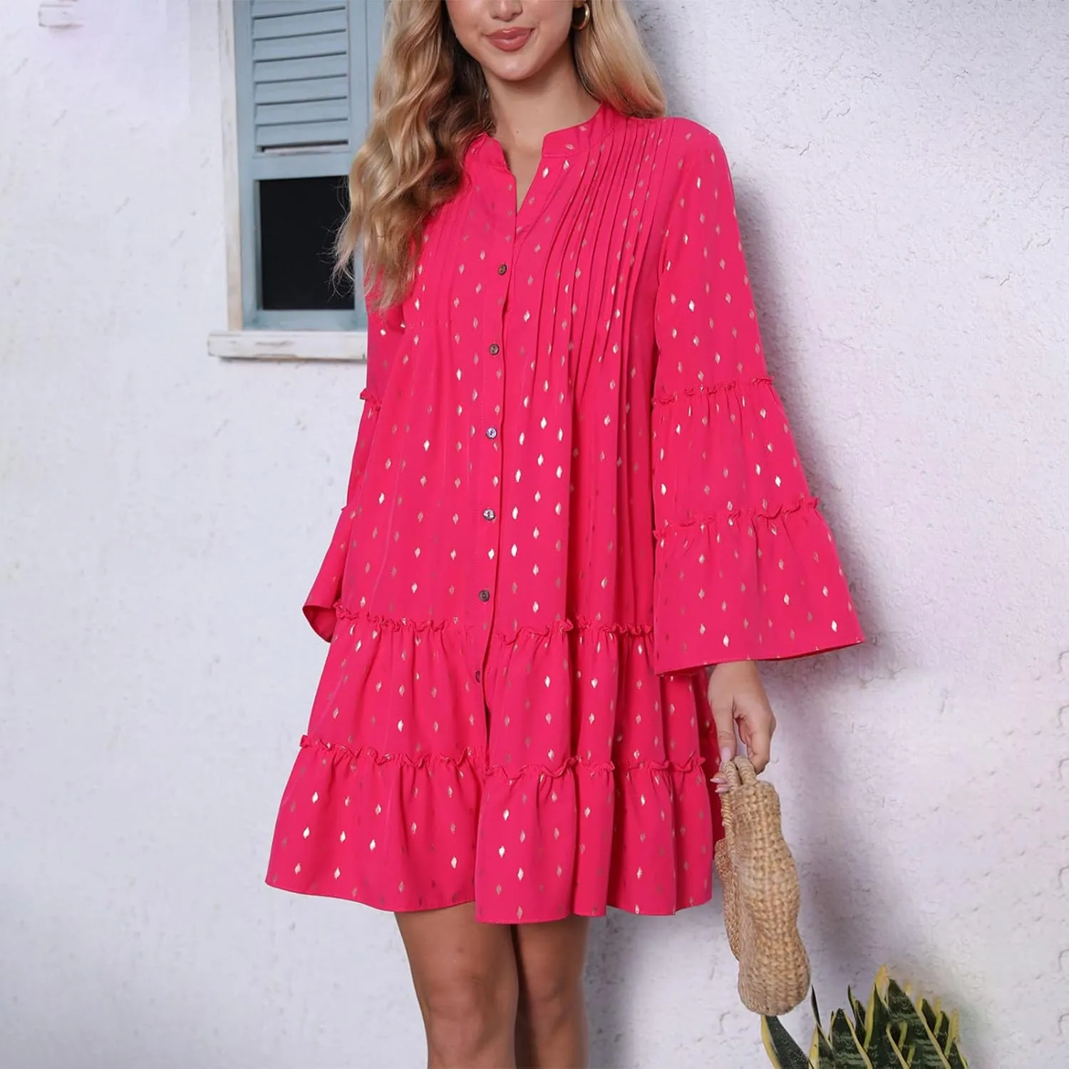 Women Fall Dresses 2024 Casual Button Ruffle Long Sleeve Dress Elegant Flowy Swing Tiered Beach Vacation Dresses