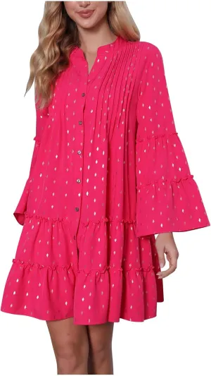 Women Fall Dresses 2024 Casual Button Ruffle Long Sleeve Dress Elegant Flowy Swing Tiered Beach Vacation Dresses