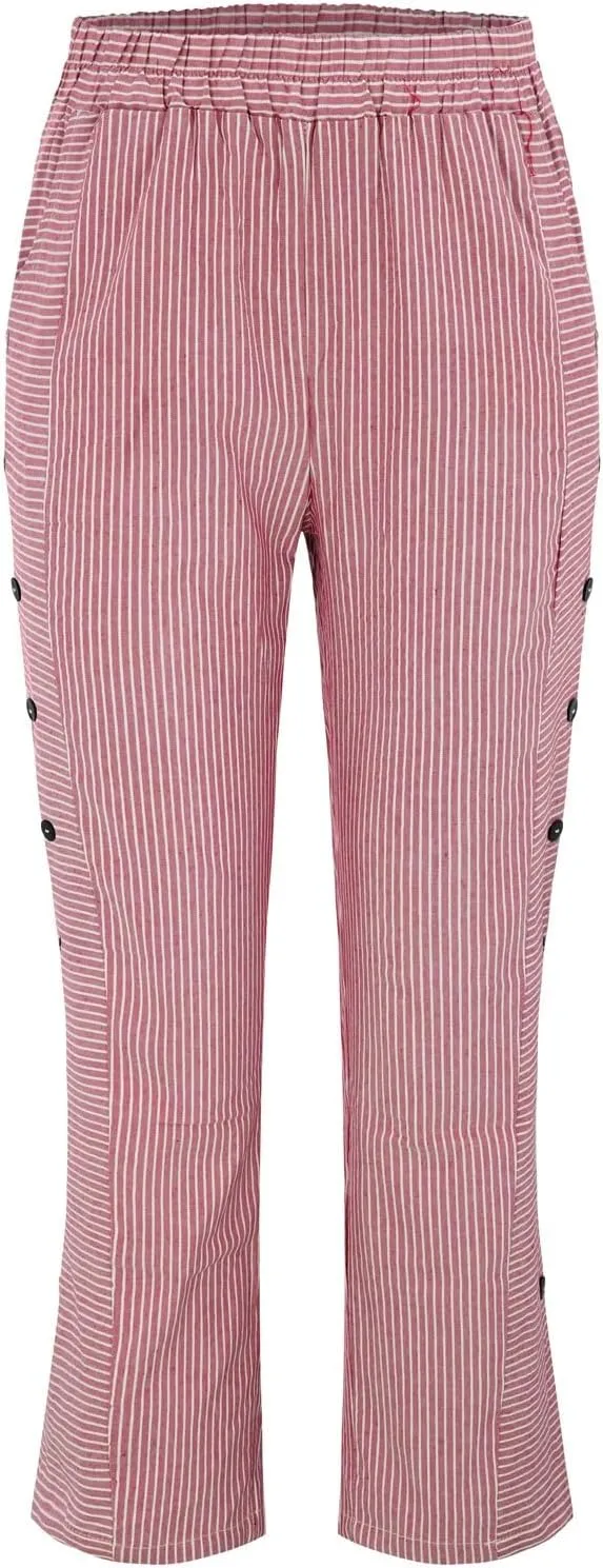 Women Fashion Striped Linen Pants Casual High Waist Capri Straight Leg 2025 Spring Summer Trousers with Pockets