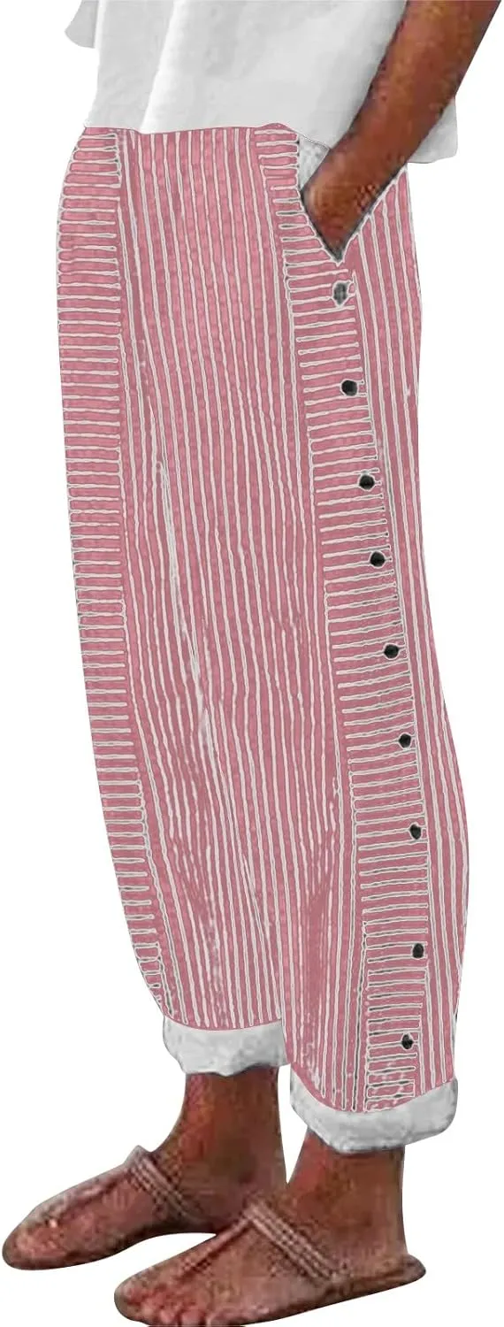Women Fashion Striped Linen Pants Casual High Waist Capri Straight Leg 2025 Spring Summer Trousers with Pockets
