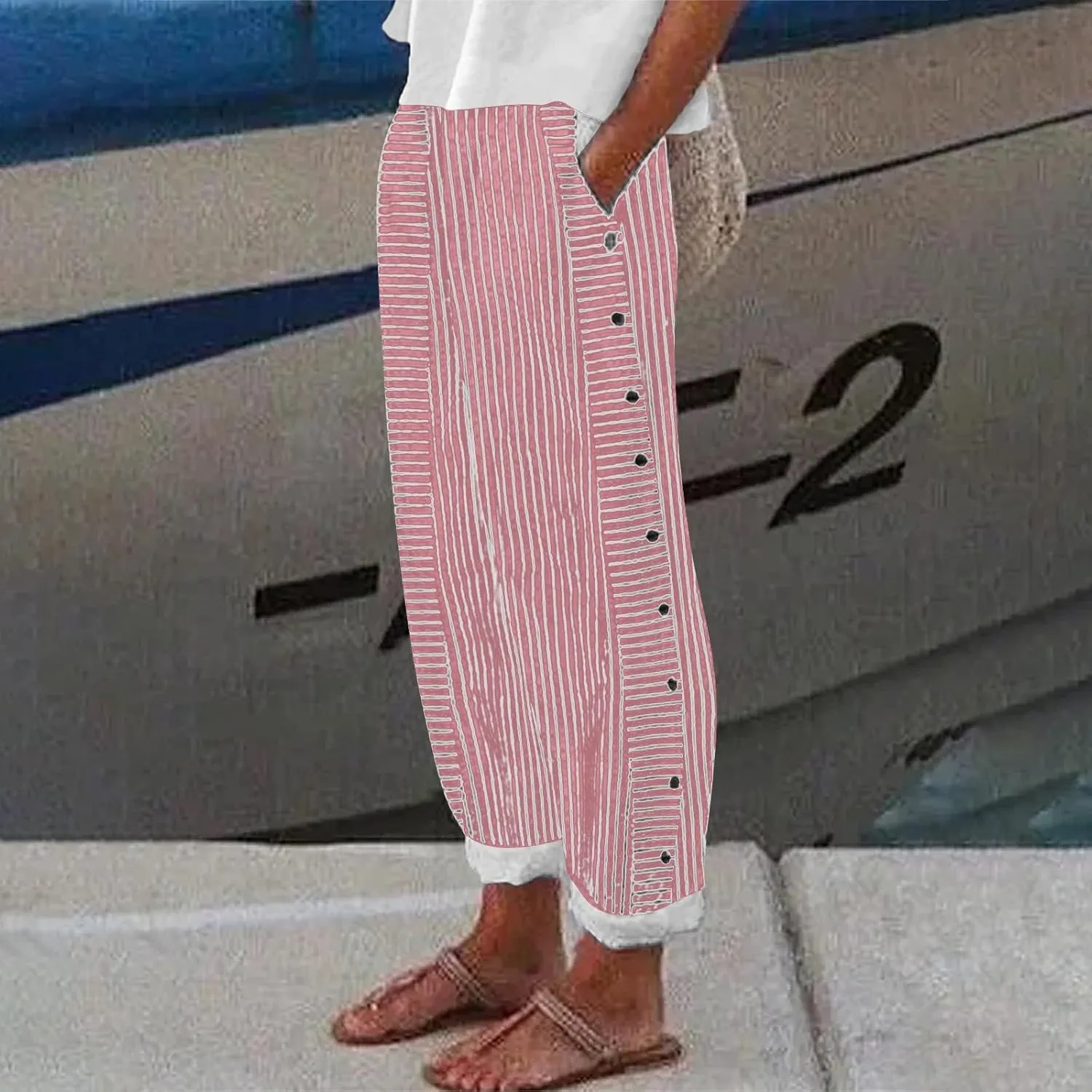 Women Fashion Striped Linen Pants Casual High Waist Capri Straight Leg 2025 Spring Summer Trousers with Pockets